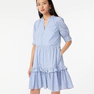 J. Crew Blue Stripe Ruffleneck Tiered Popover Dress